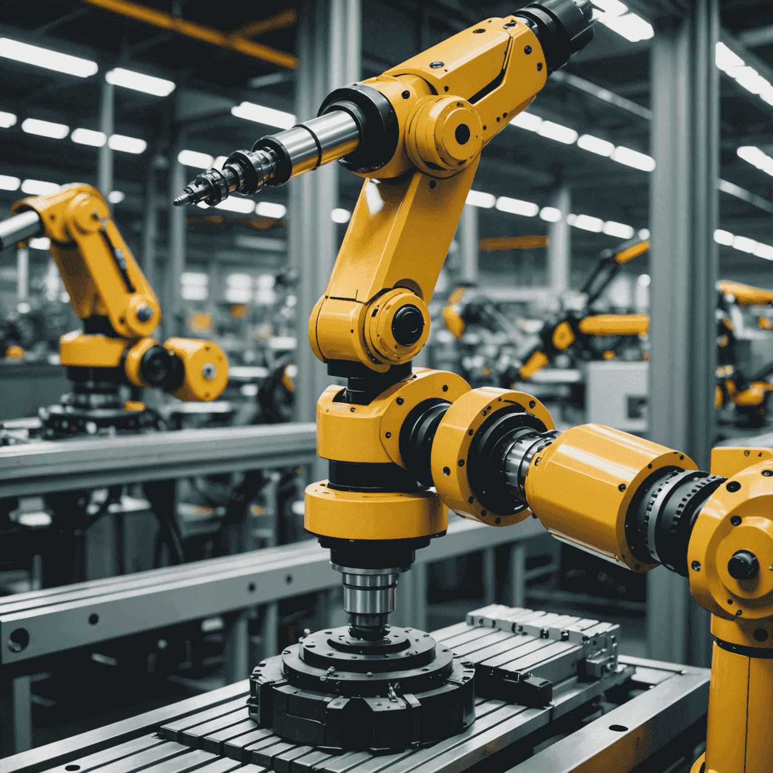 A robotic arm performing precise assembly tasks in a modern industrial factory, showcasing the increasing automation in manufacturing processes.