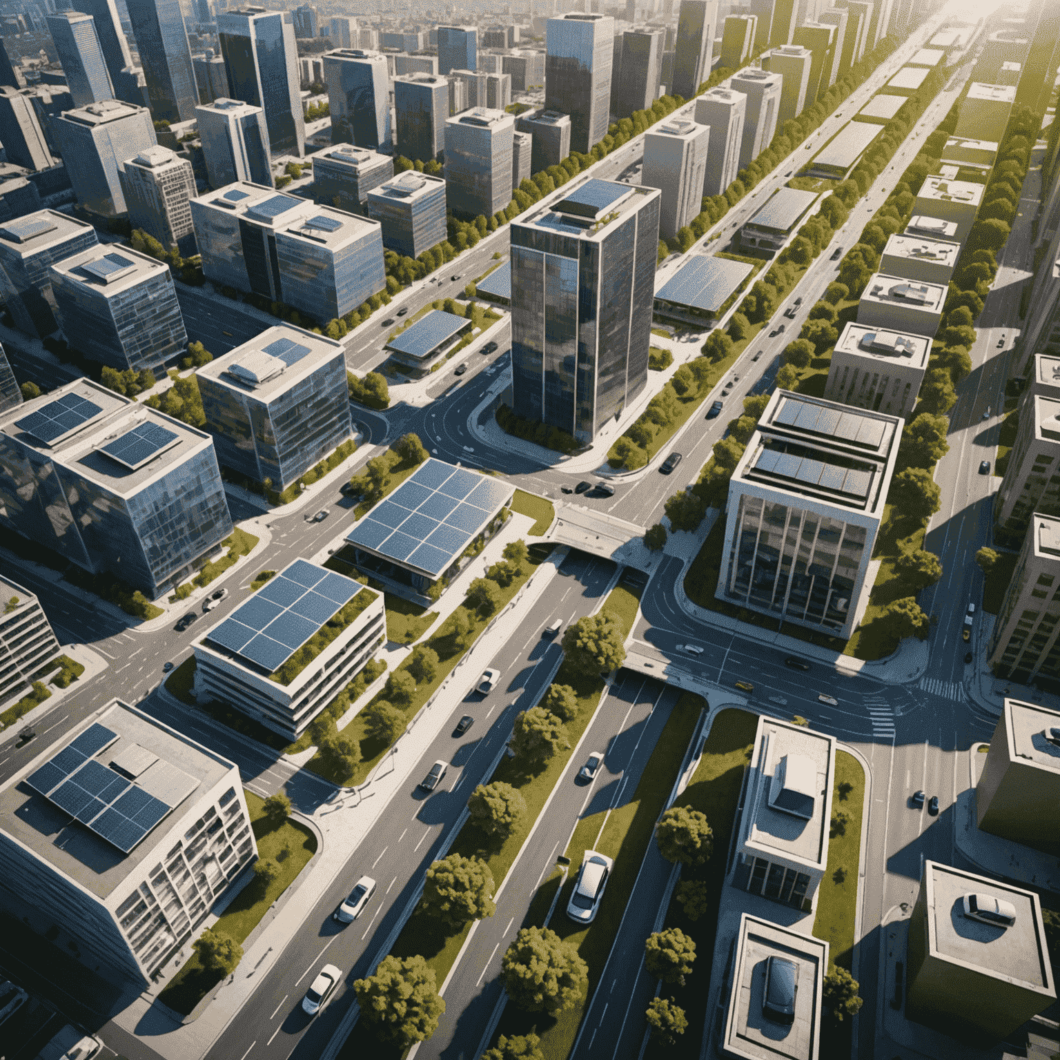 Aerial view of a modern city with various smart technologies integrated into the infrastructure, such as solar panels, electric vehicle charging stations, and smart traffic management systems