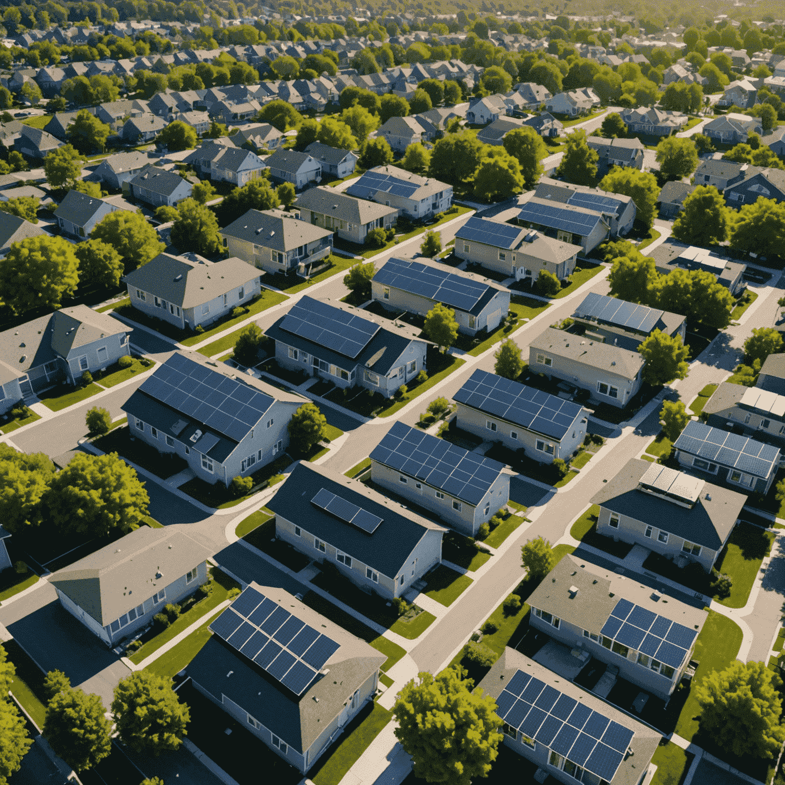 An aerial view of a residential neighborhood with numerous houses featuring solar panels installed on their rooftops, harnessing the power of the sun