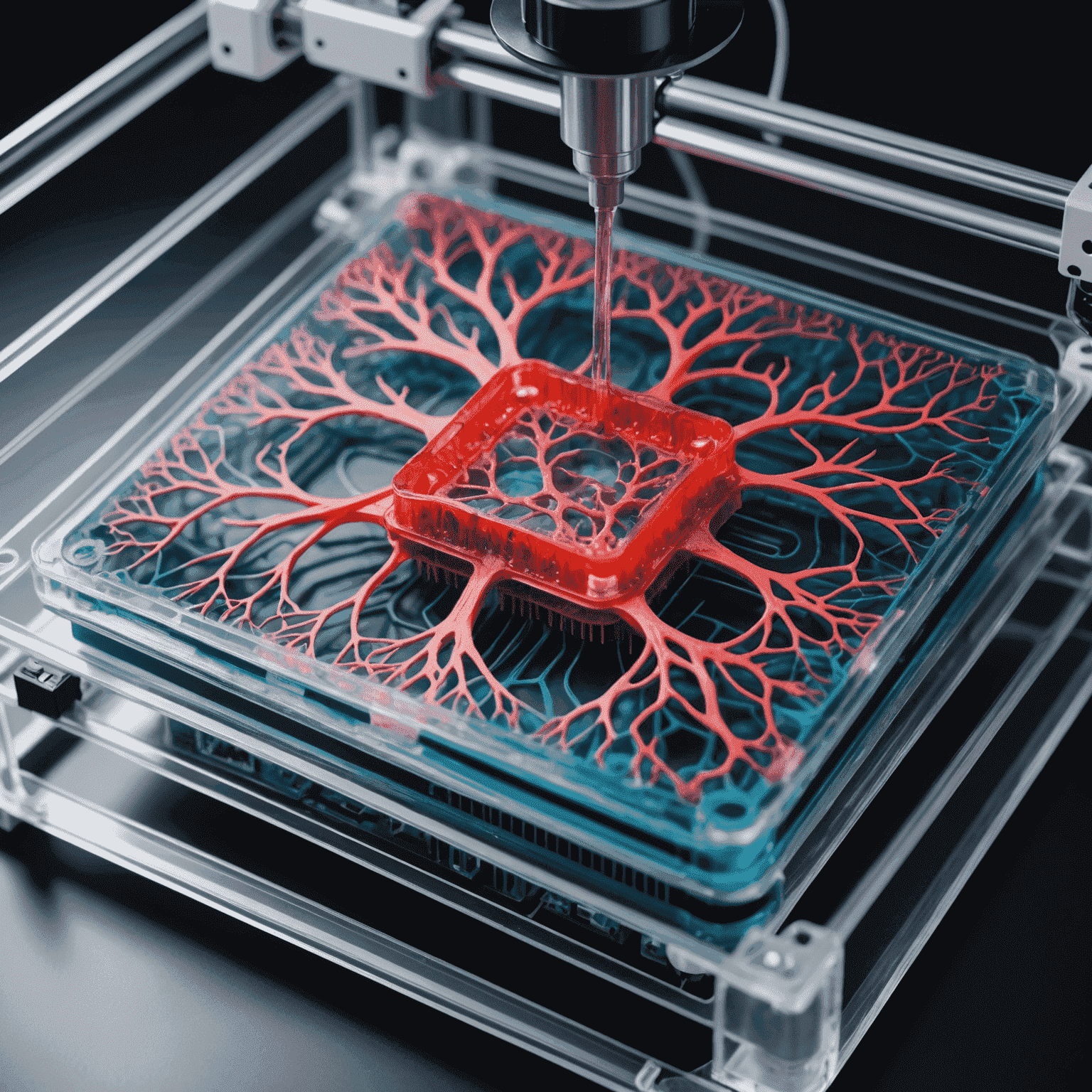 A 3D bioprinter creating a complex tissue structure layer by layer using bioink containing living cells. The printed tissue has an intricate network of blood vessels.