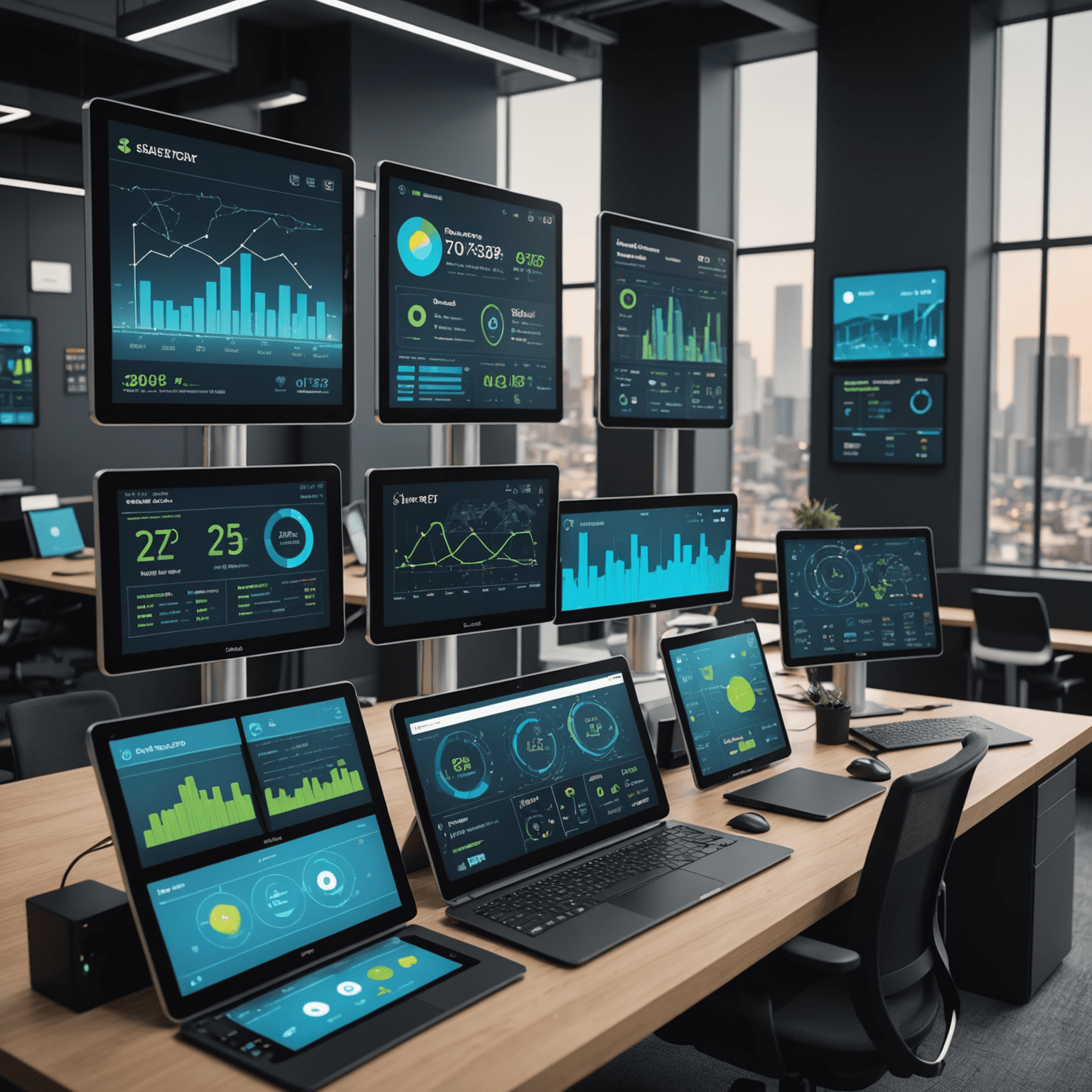 A smart city control center with various screens displaying real-time data on energy usage, traffic patterns, air quality, and other key metrics