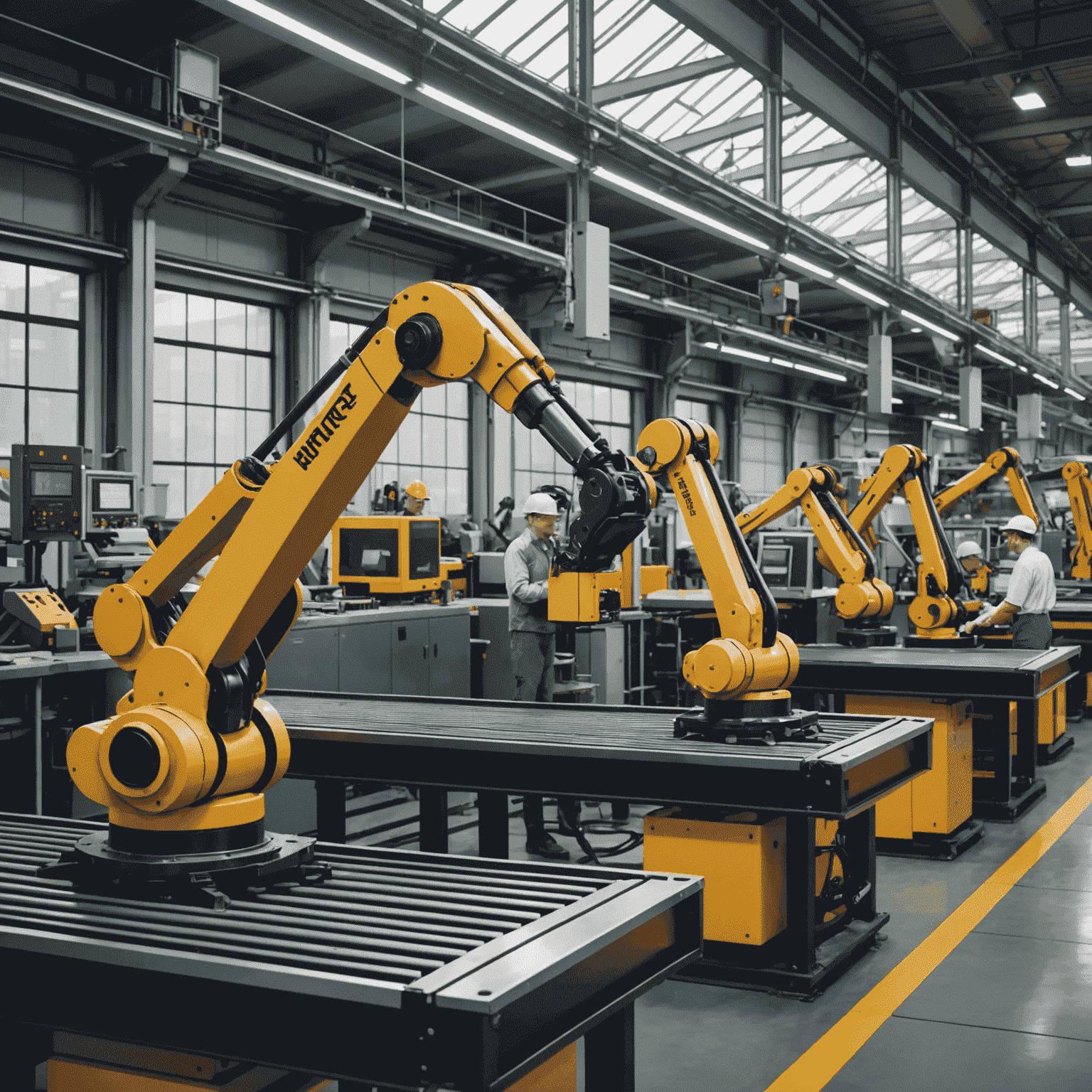 An image illustrating the impact of automation on the job market, with robotic arms and conveyor belts in a factory setting, alongside workers adapting to new roles