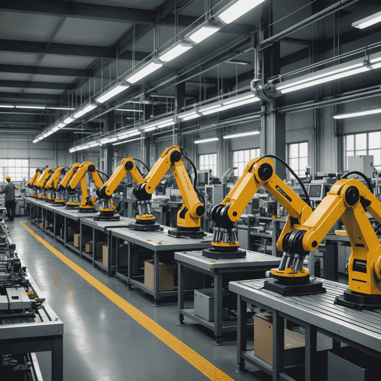 A factory assembly line with robotic arms performing various tasks, symbolizing the increasing automation in manufacturing